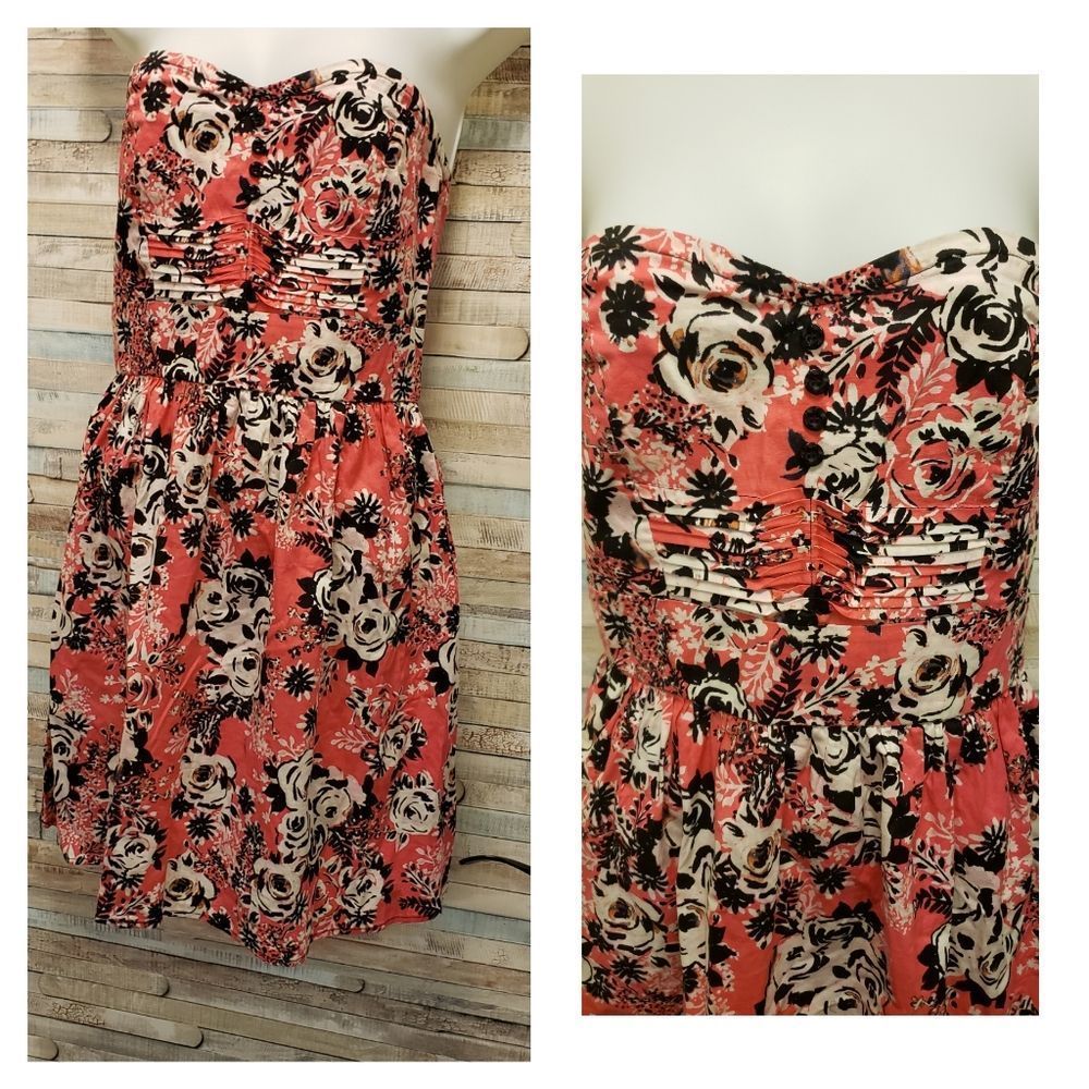 Bebop Coral And White Floral Strapless Summer Dress